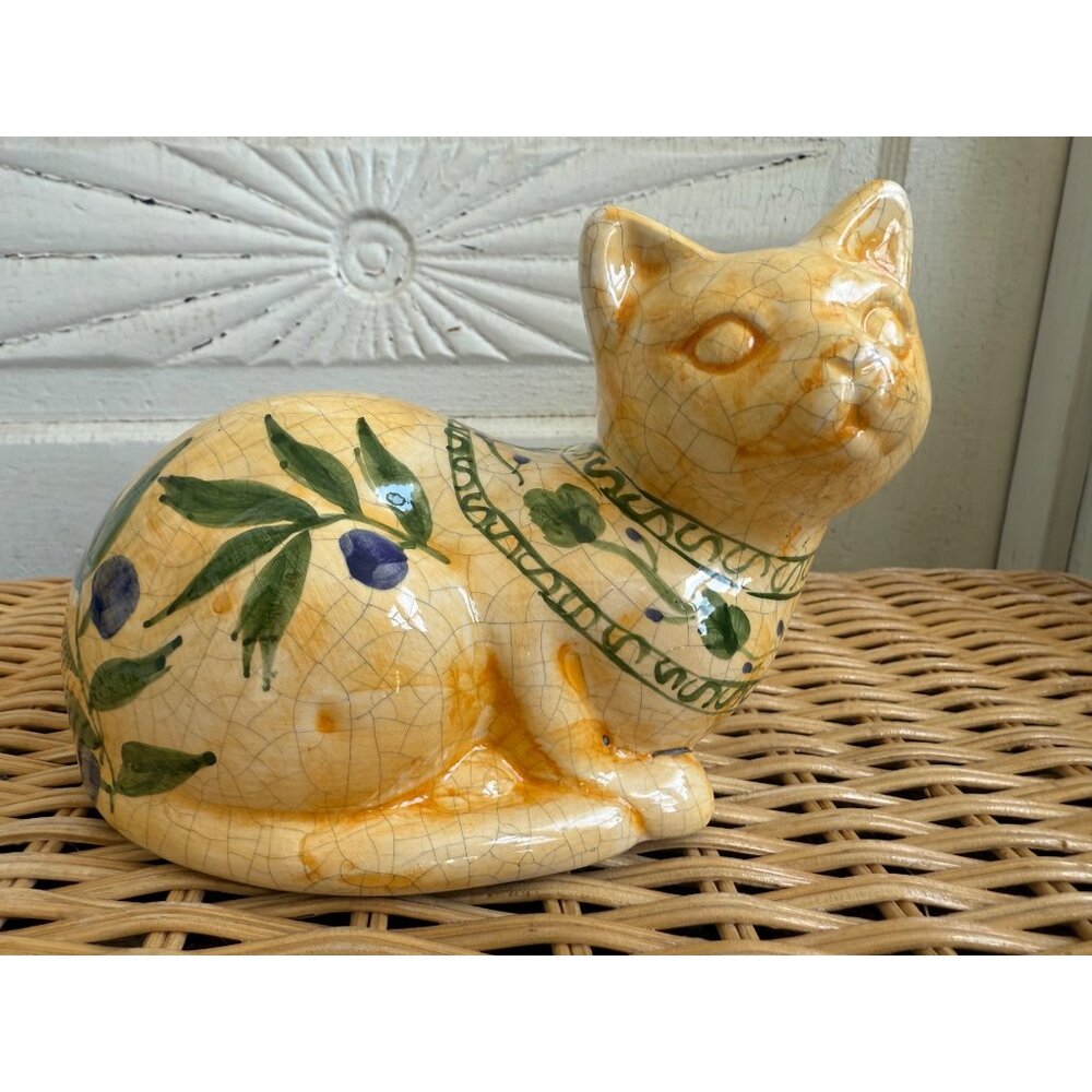 Vintage 70's Ceramic Cat Crackle Glaze Hand Painted Olive Branch - Picture 9 of 13